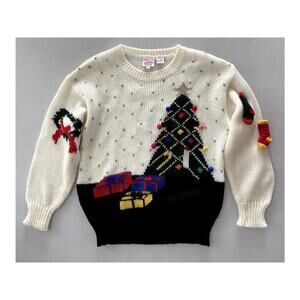 Fetagetti Sz L Vintage Christmas Tree Sweater White Holiday Festive Ugly Funny